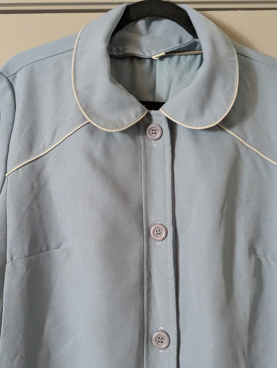 Vintage 60s Light Blue Button-Front Long Coat with White Piping Size Large - Picture 2 of 5